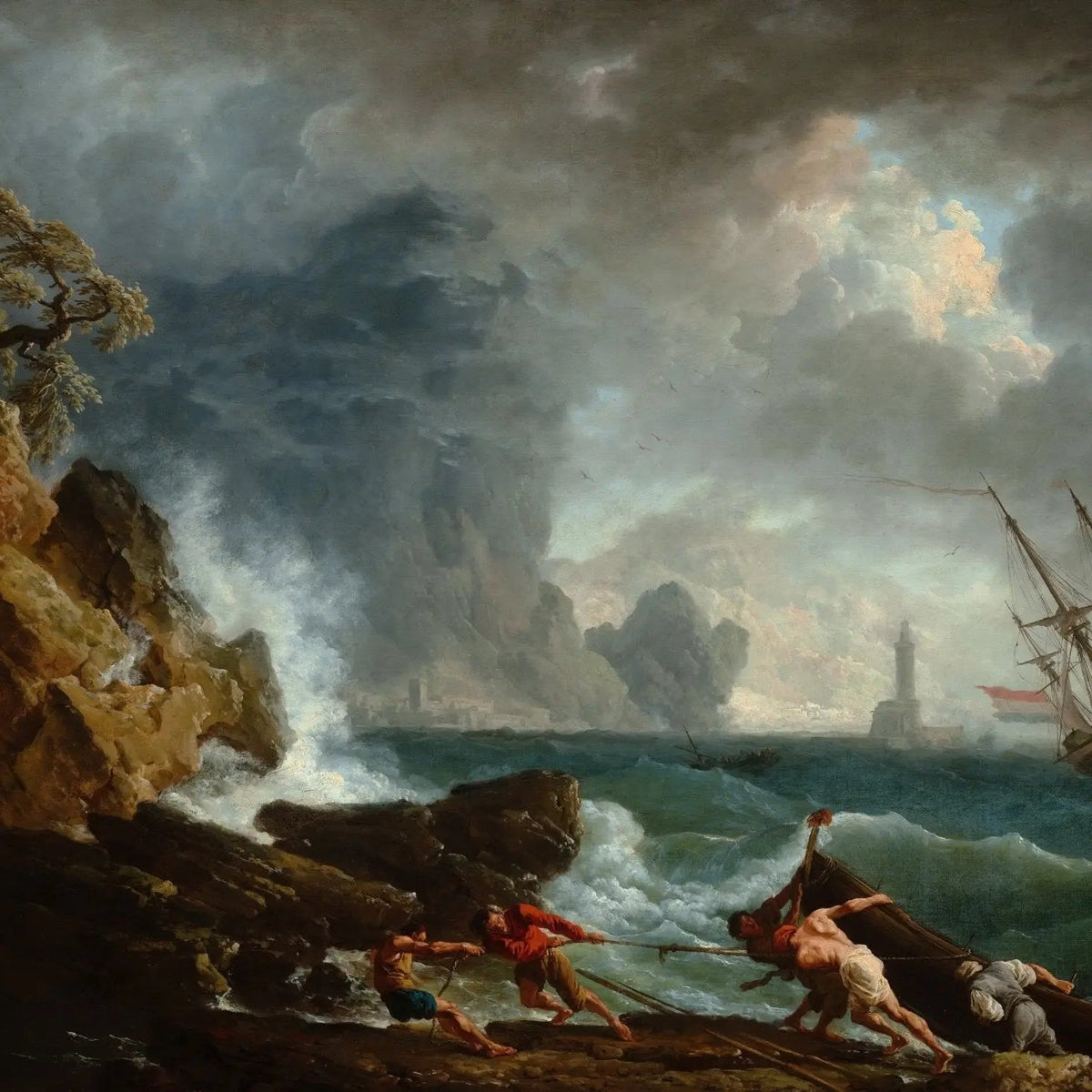 Nautical Oil Paintings - Stormy Coast with Ship and Figures - Oil Painting Haven