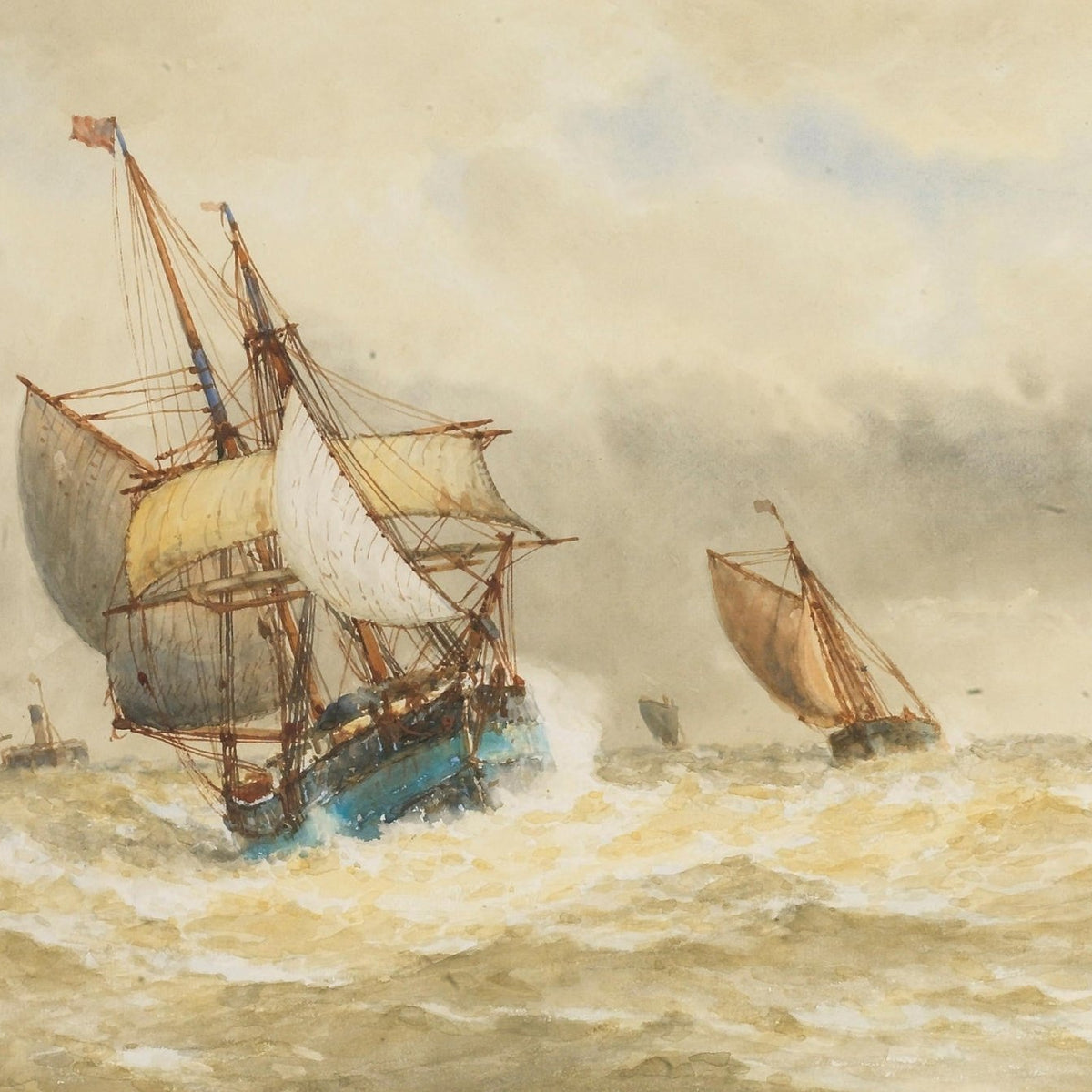 Hand-painted stormy fishing boats in rough sea nautical oil painting on canvas