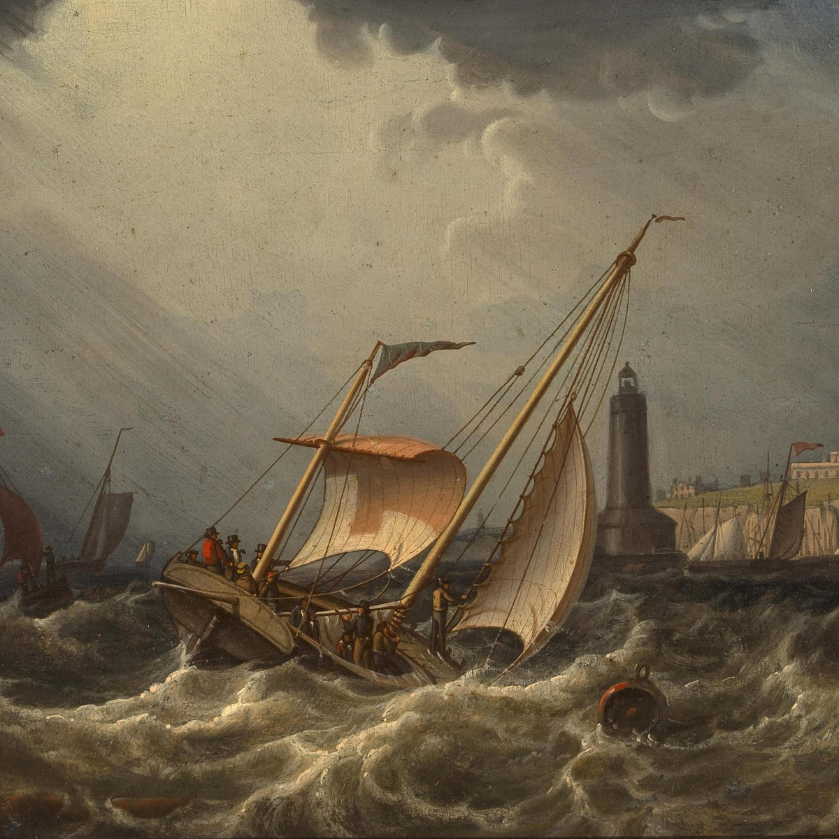Hand-painted stormy harbor sailboat by lighthouse nautical oil painting on canvas