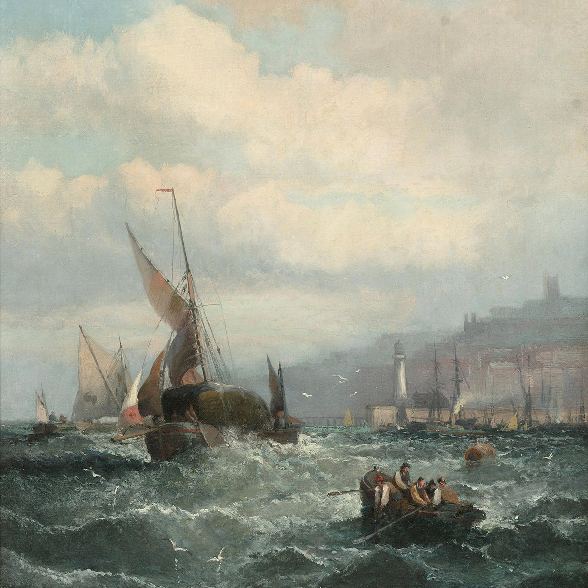 Nautical Oil Paintings - Stormy Harbor Sailboats and Rowboat - Oil Painting Haven