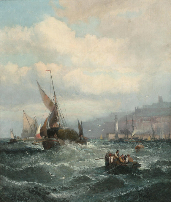 Nautical Oil Paintings - Stormy Harbor Sailboats and Rowboat - Oil Painting Haven