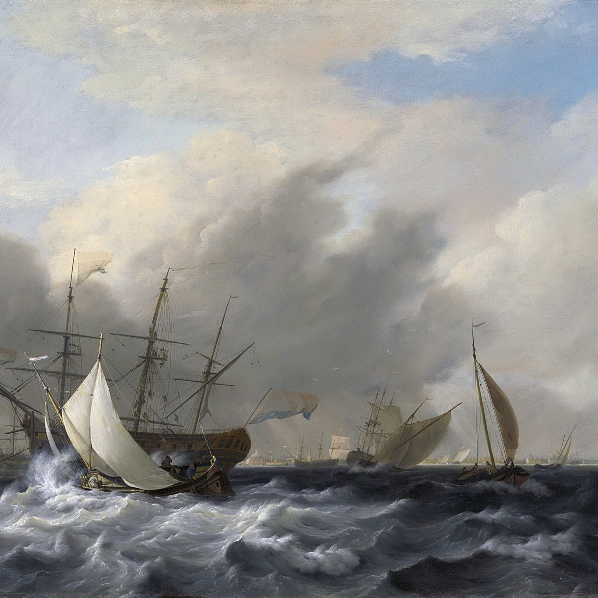 Hand-painted stormy harbor ships and sailing boats nautical oil painting on canvas