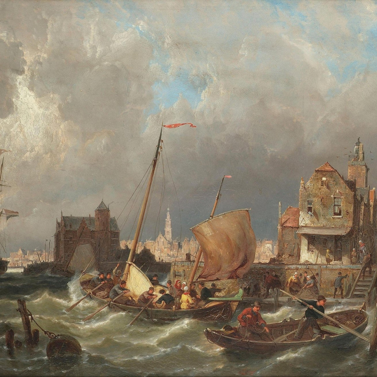 Hand-painted stormy harbor town with fishing boats nautical oil painting on canvas
