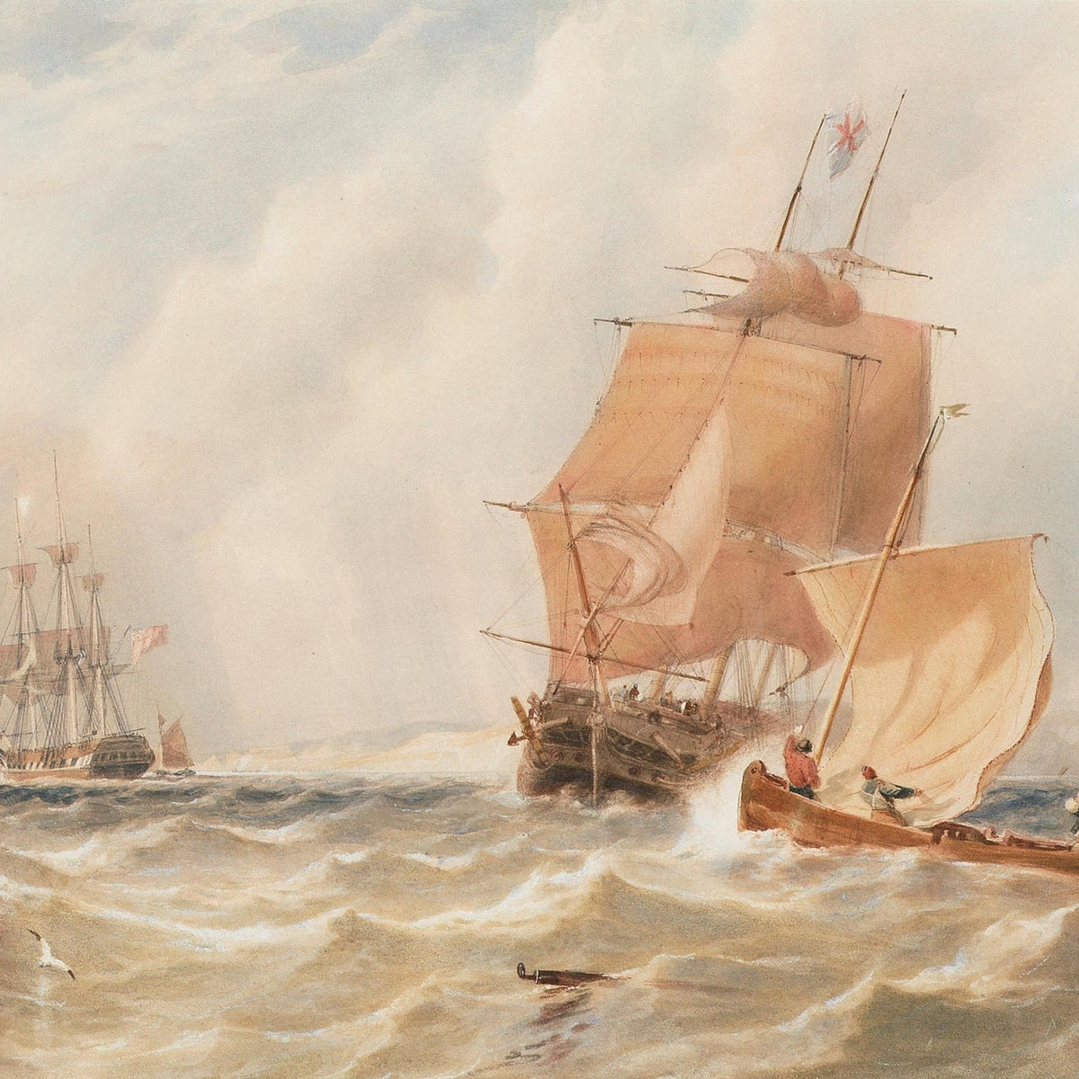 Hand-painted stormy ship and rescue boat scene nautical oil painting on canvas