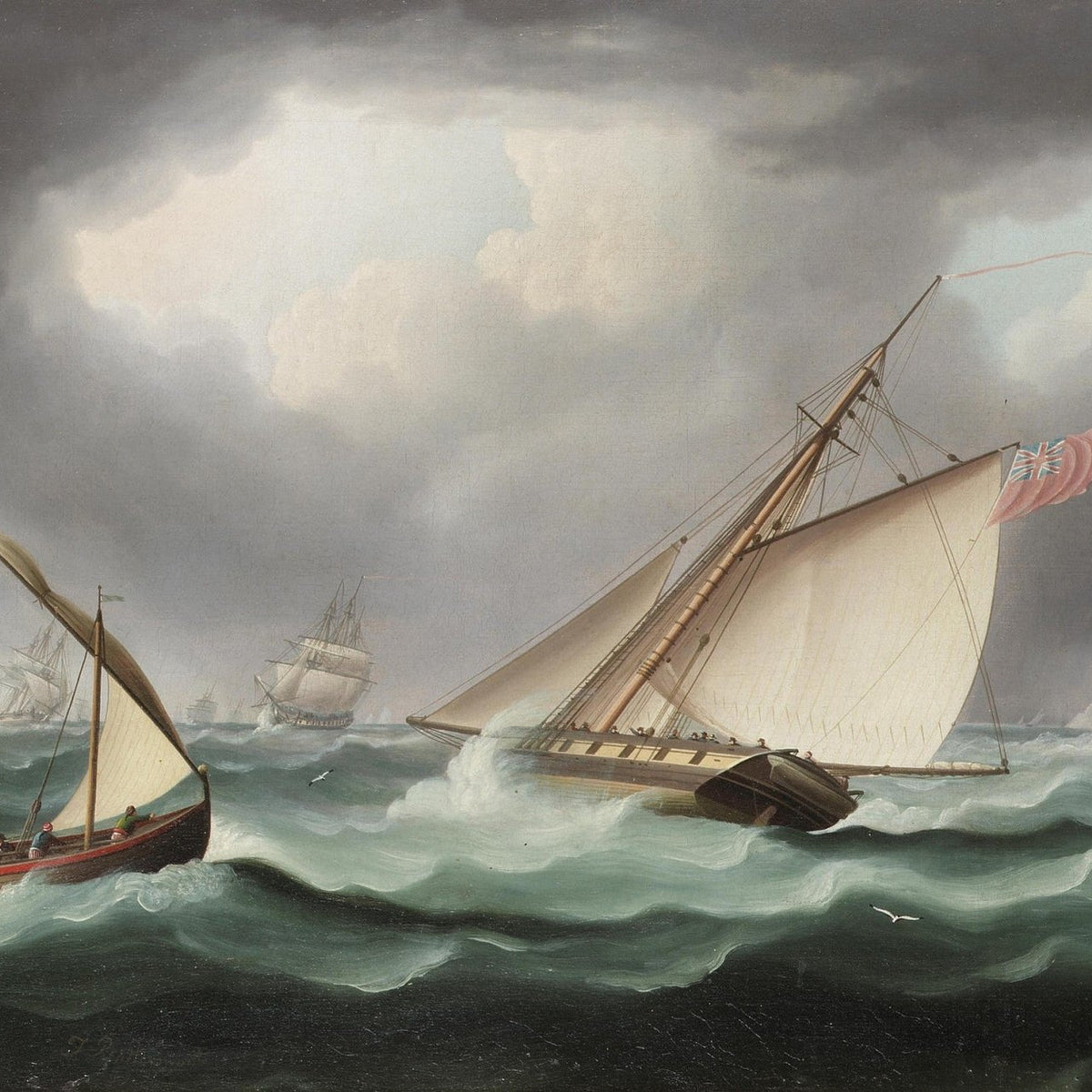 Hand-painted stormy sailing yacht by lighthouse coast nautical oil painting on canvas