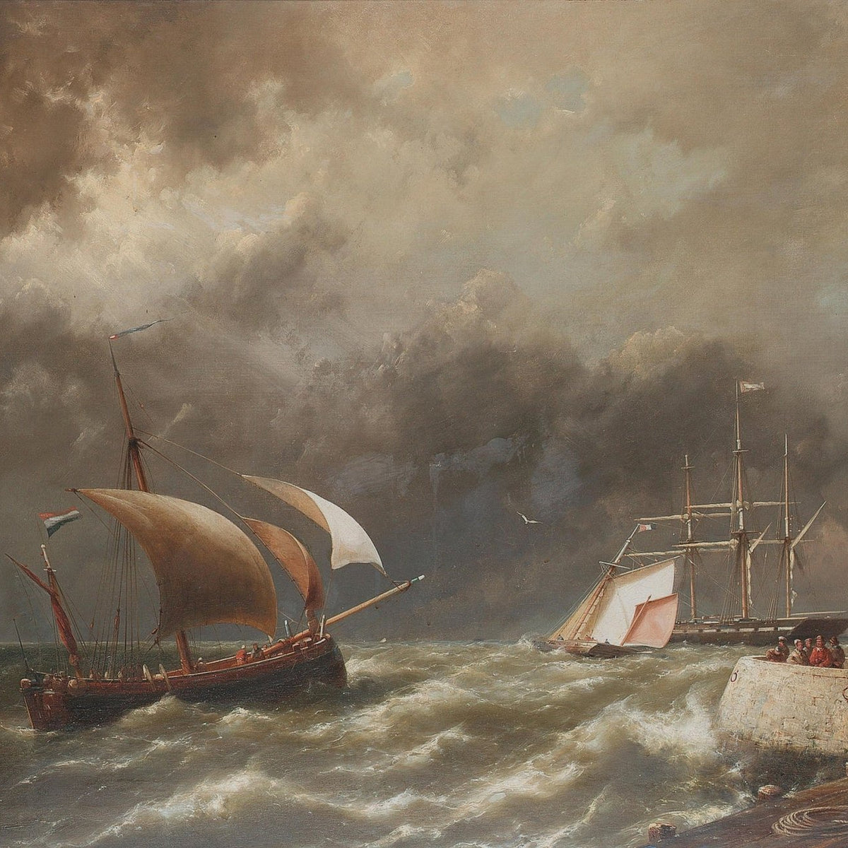 Hand-painted stormy sea and sailing ships nautical oil painting on canvas