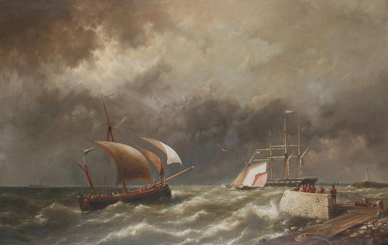 Hand-painted stormy sea and sailing ships nautical oil painting on canvas