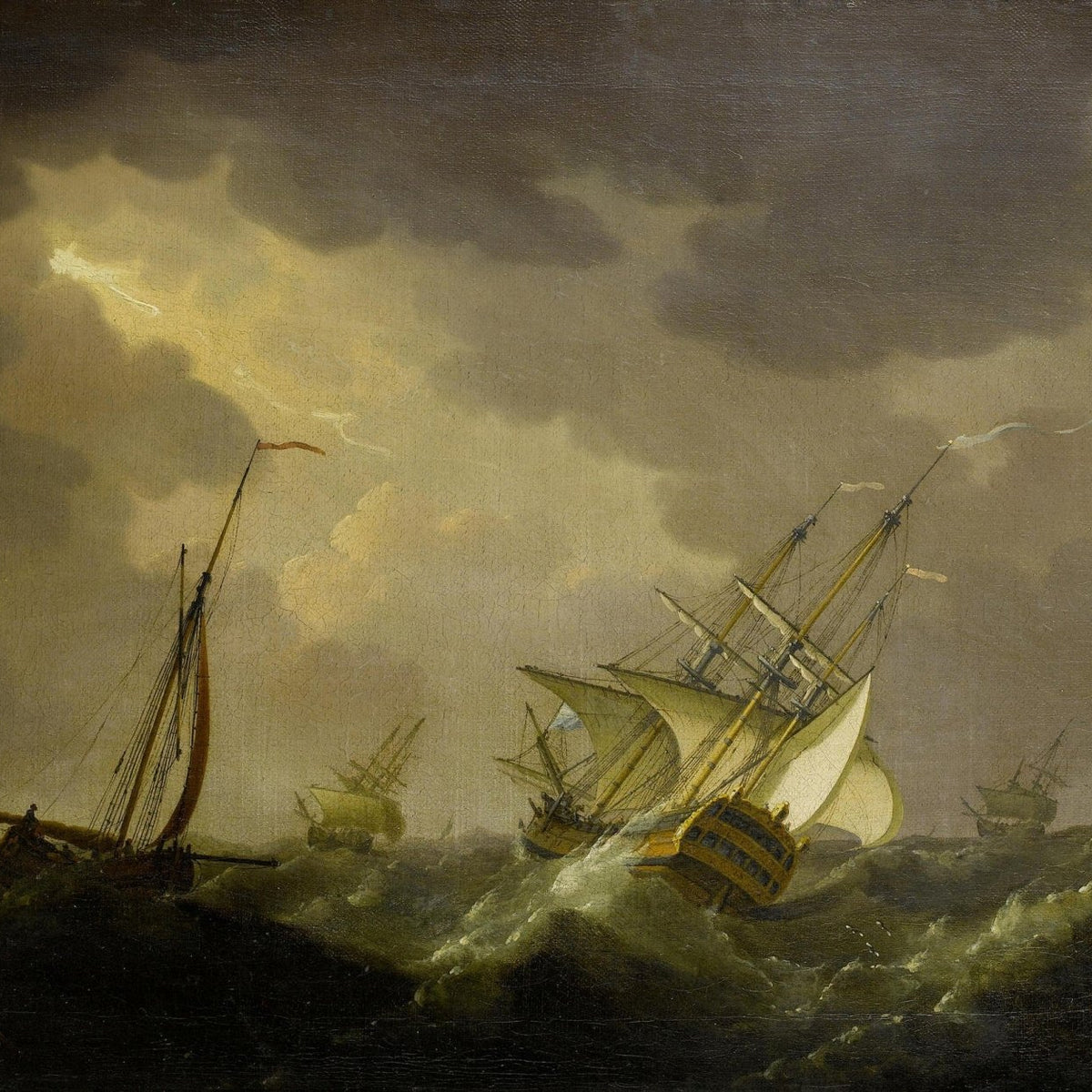 Hand-painted stormy sea with warship by cliffs nautical oil painting on canvas