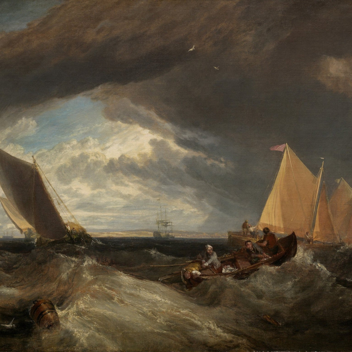Hand-painted stormy seas with fishing boats nautical oil painting on canvas