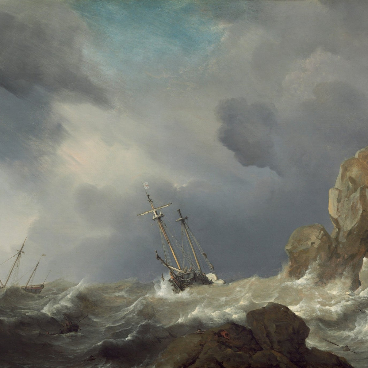 Hand-painted stormy shipwreck by coastal rocks nautical oil painting on canvas