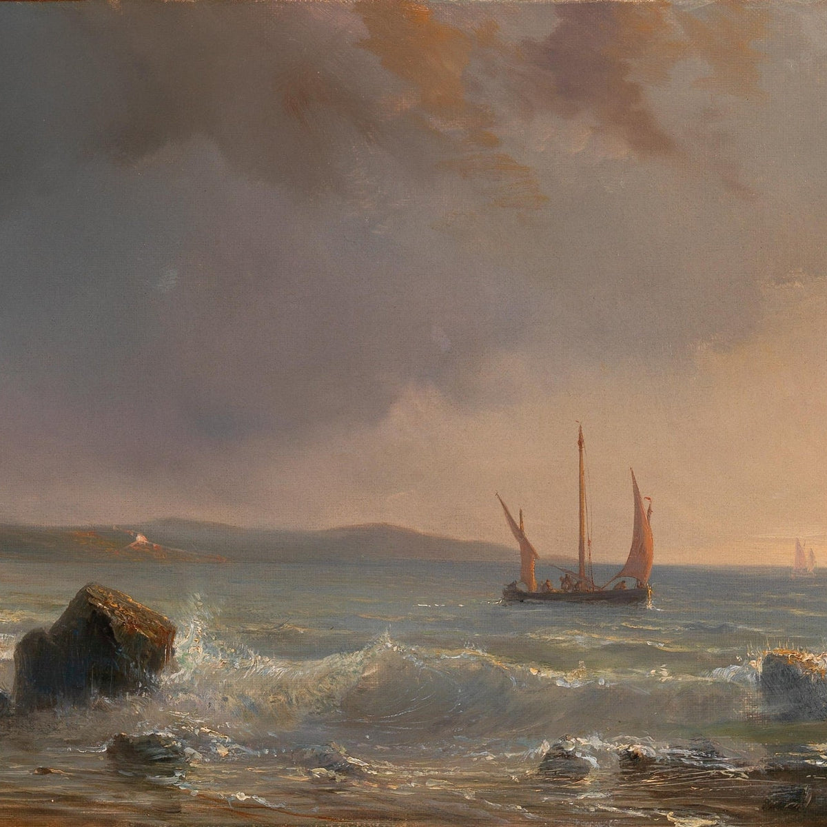 Hand-painted stormy sunset sailboat and rocky sea nautical oil painting on canvas