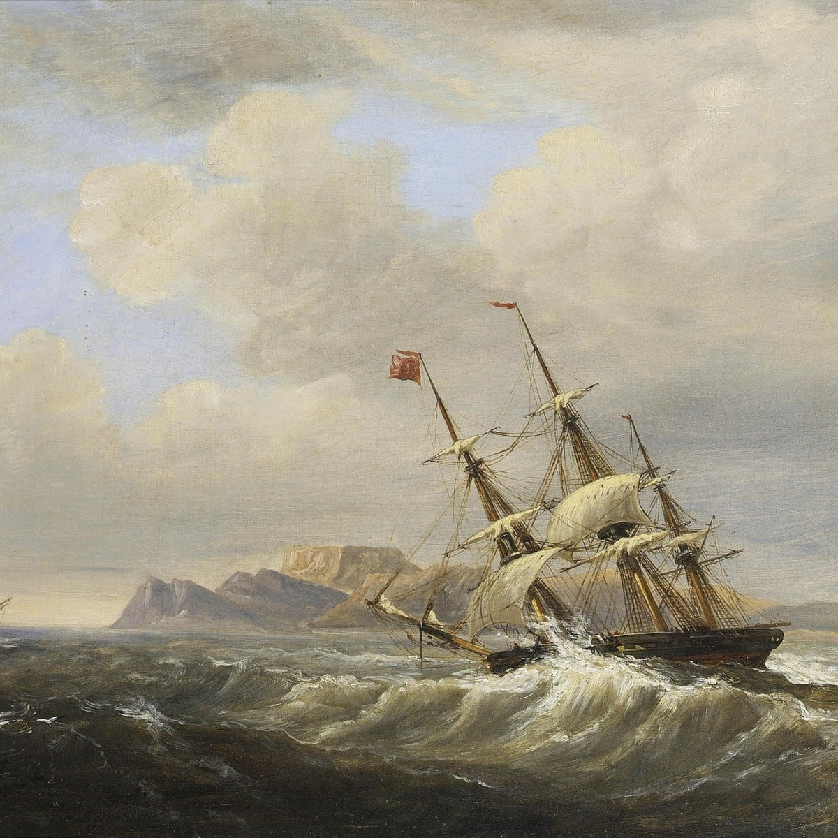 Hand-painted stormy tall ship near coastal cliffs nautical oil painting on canvas