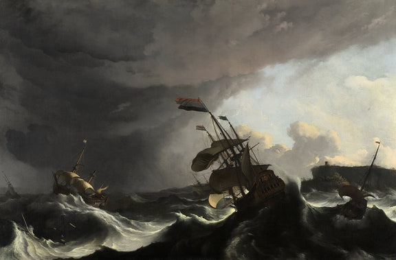 Nautical Oil Paintings - Stormy Warships in Dark Sea Canvas Art - Oil Painting Haven