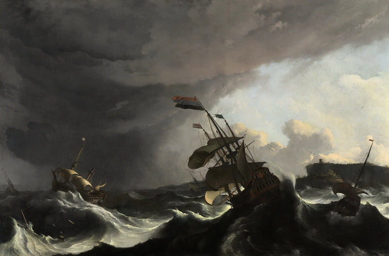Nautical Oil Paintings - Stormy Warships in Dark Sea Canvas Art - Oil Painting Haven