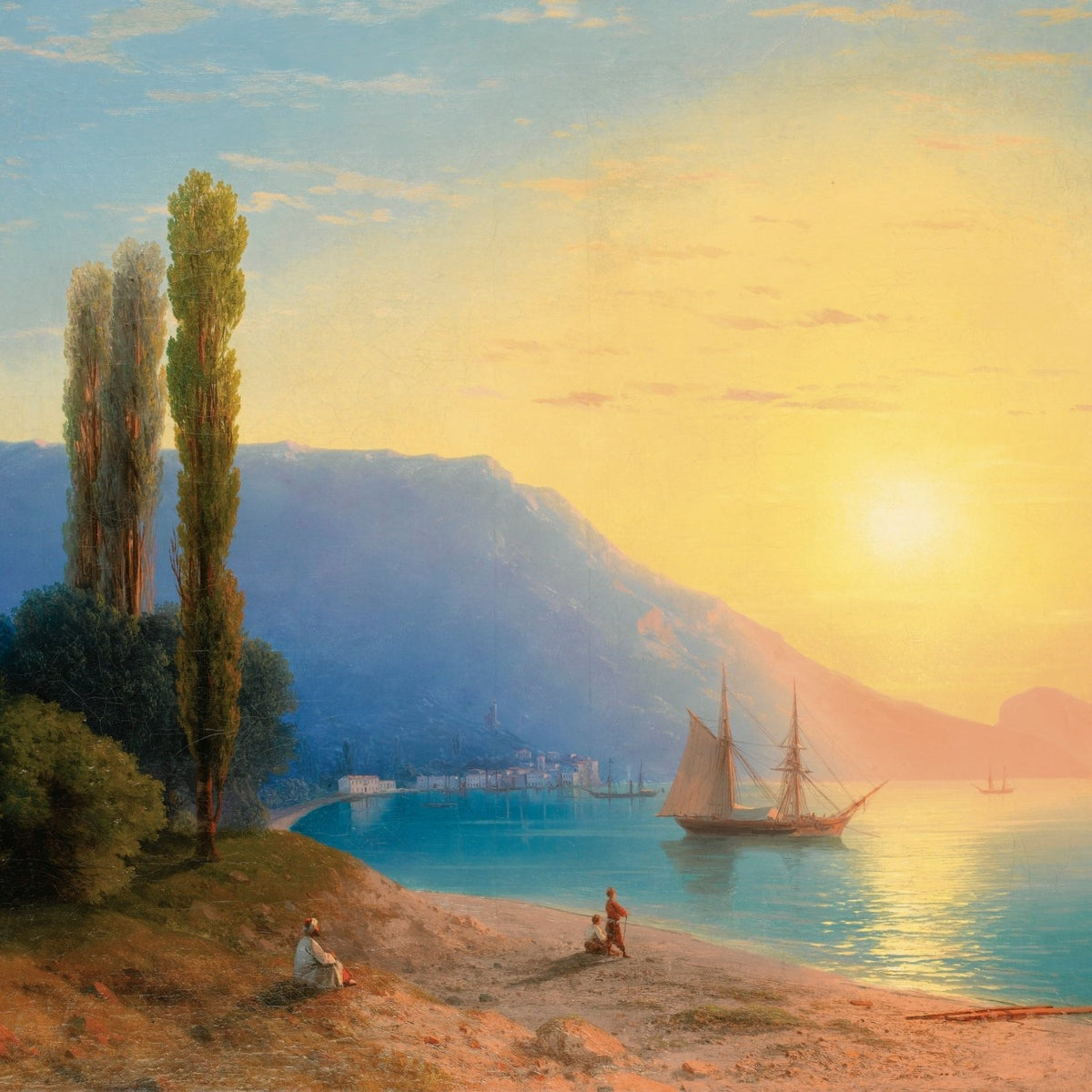 Hand-painted sunset harbor with sailing ship nautical oil painting on canvas