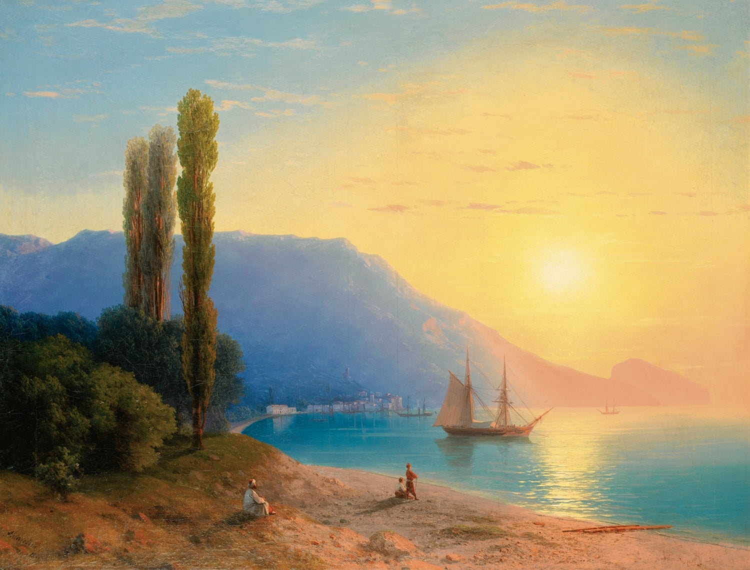 Hand-painted sunset harbor with sailing ship nautical oil painting on canvas