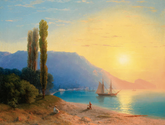 Hand-painted sunset harbor with sailing ship nautical oil painting on canvas