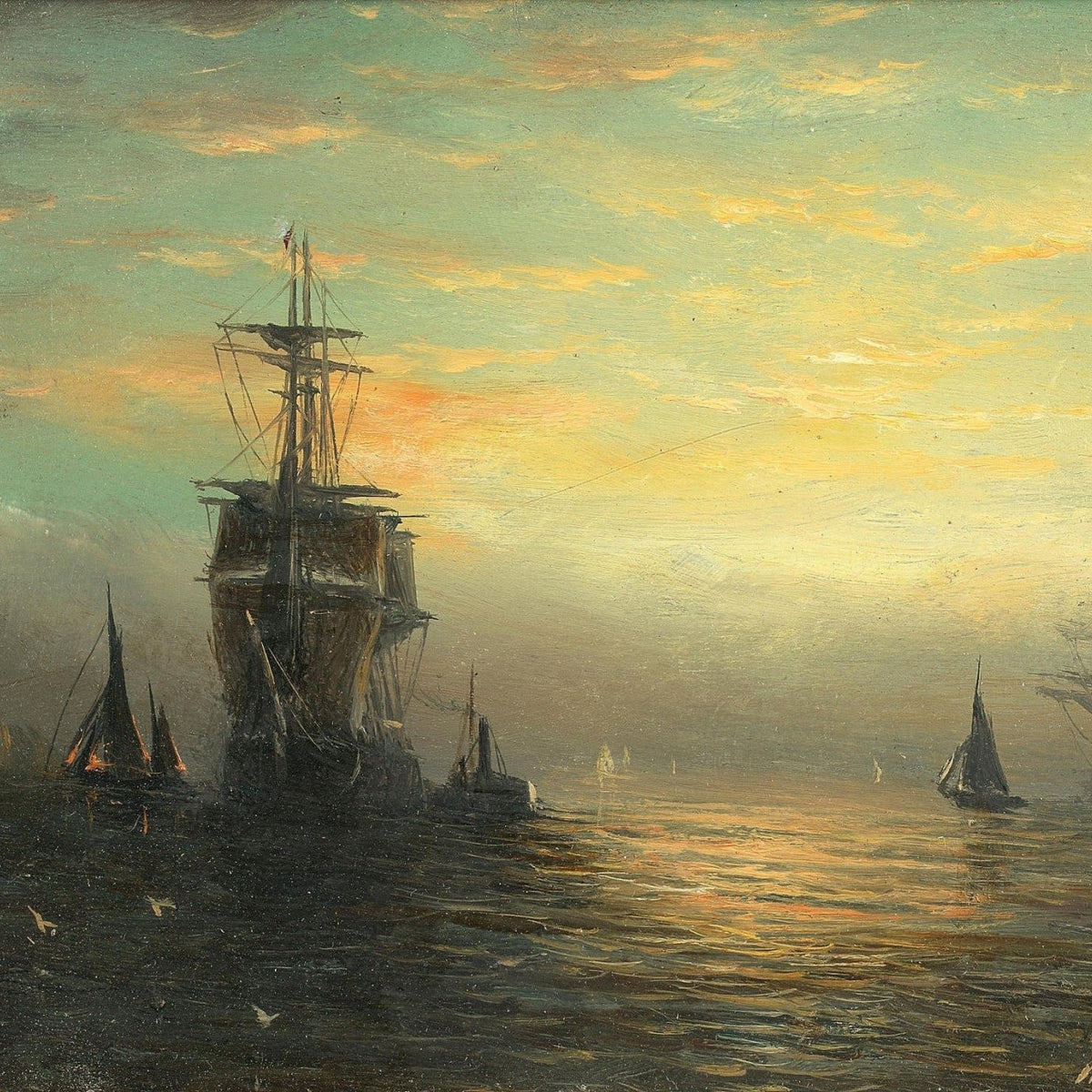 Nautical Oil Paintings - Sunset Harbor with Tall Ships in Mist - Oil Painting Haven
