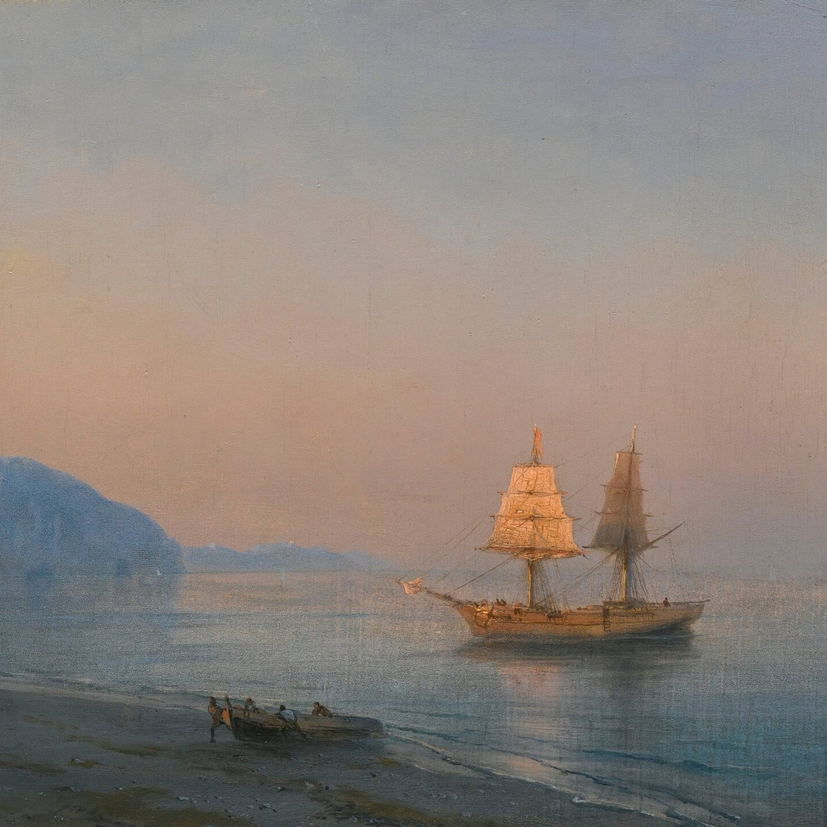 Hand-painted sunset sailing ship at calm sea nautical oil painting on canvas