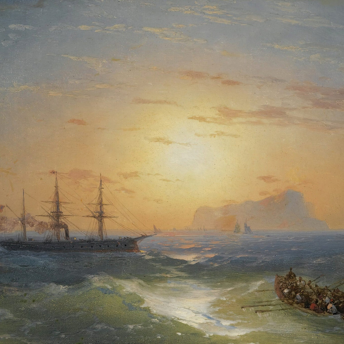 Hand-painted sunset warship and rowboat nautical oil painting on canvas