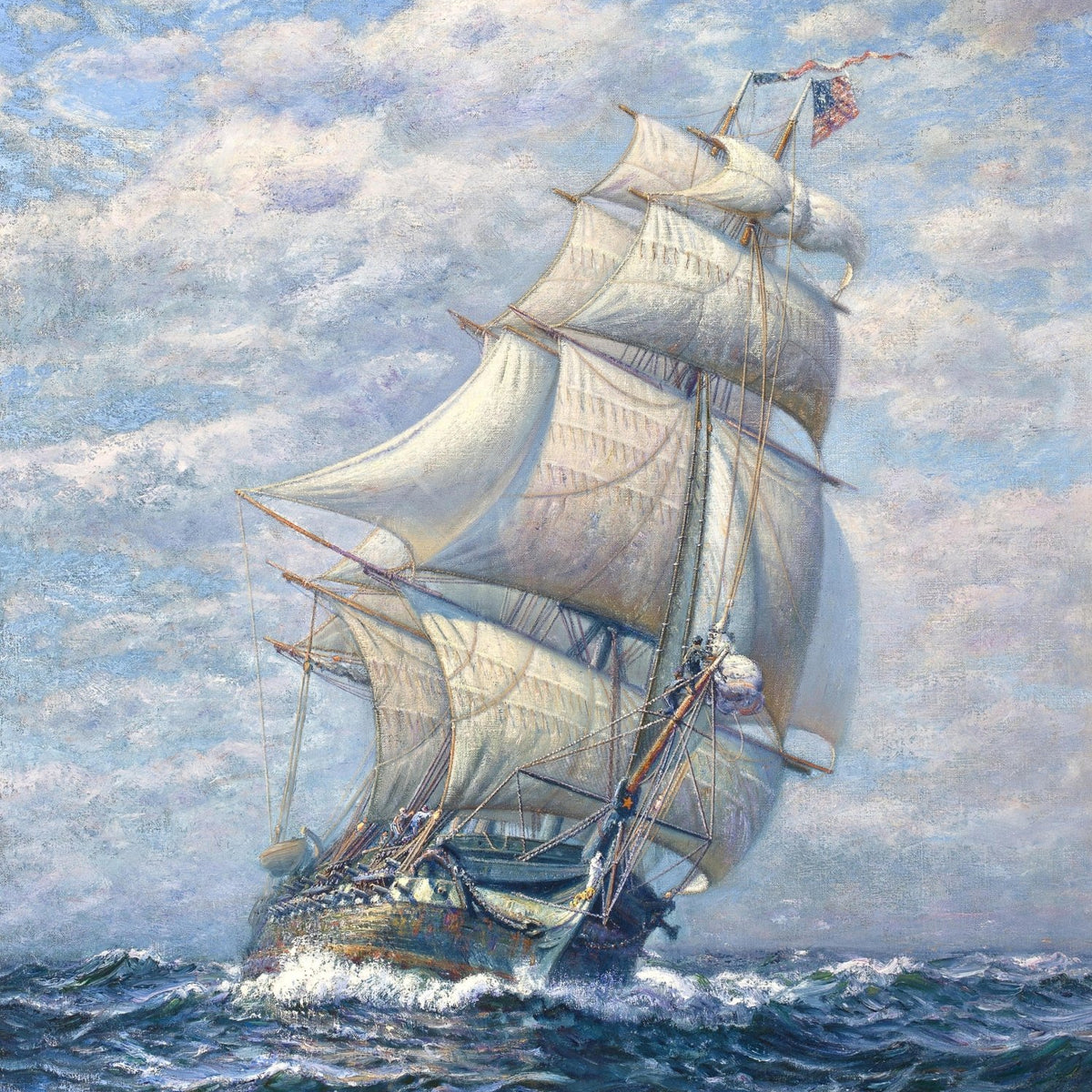 Hand-painted tall sailing ship on blue sea and clouds nautical oil painting on canvas