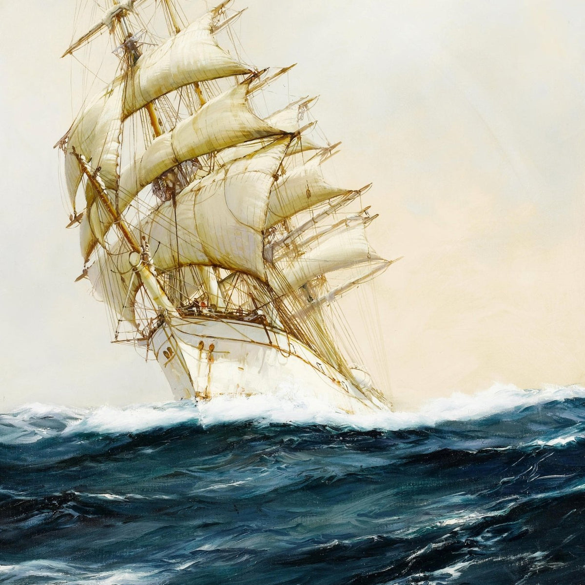Hand-painted tall sailing ship on dark blue waves nautical oil painting on canvas