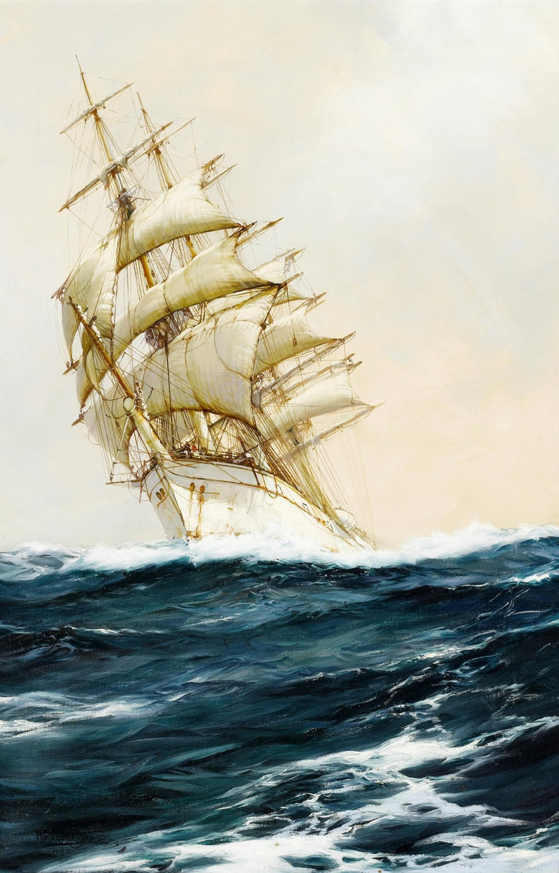 Hand-painted tall sailing ship on dark blue waves nautical oil painting on canvas
