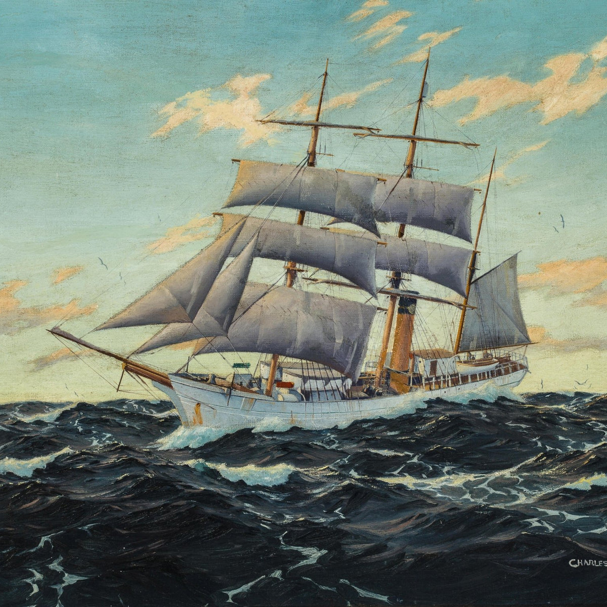 Hand-painted tall sailing ship on open sea nautical oil painting on canvas