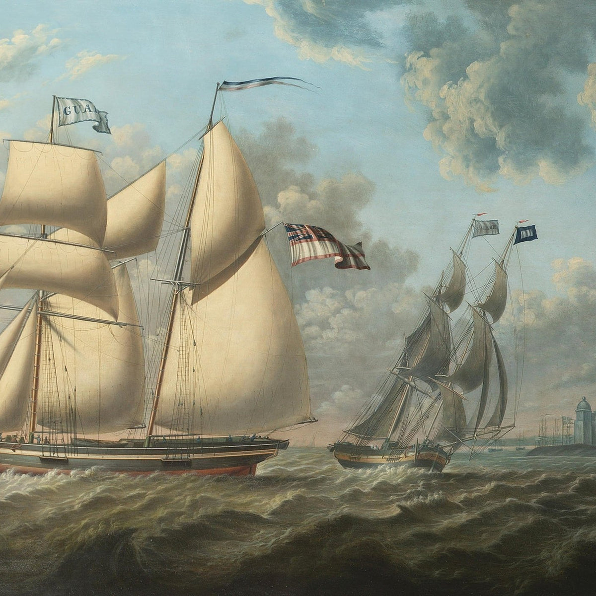Hand-painted tall sailing ships near coastal church nautical oil painting on canvas