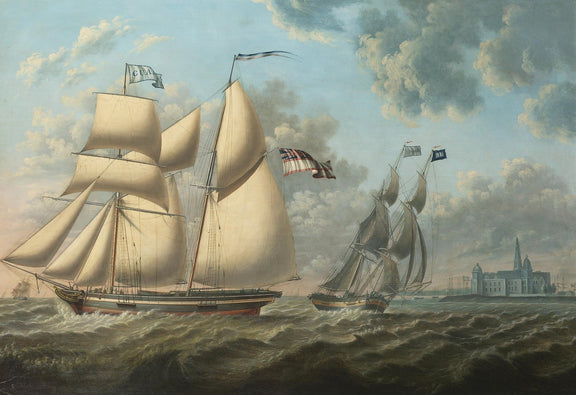 Hand-painted tall sailing ships near coastal church nautical oil painting on canvas