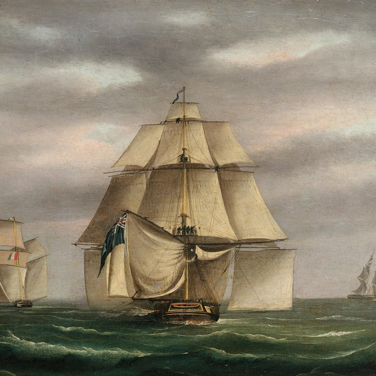 Hand-painted tall sailing ships on quiet open sea nautical oil painting on canvas