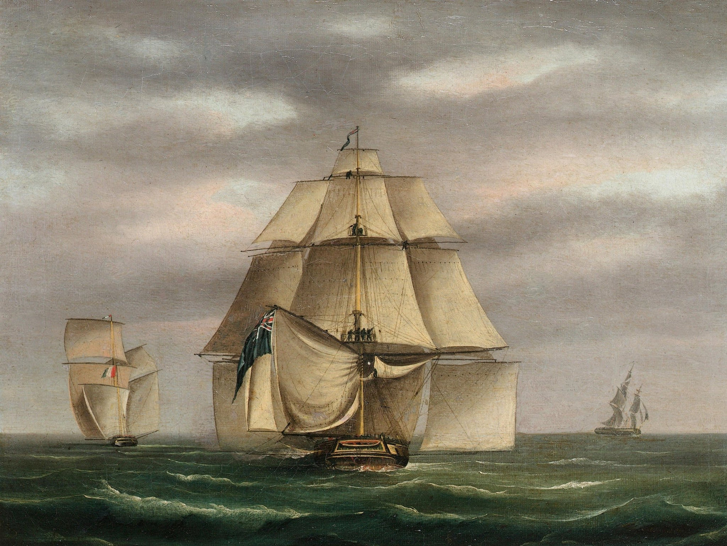 Hand-painted tall sailing ships on quiet open sea nautical oil painting on canvas
