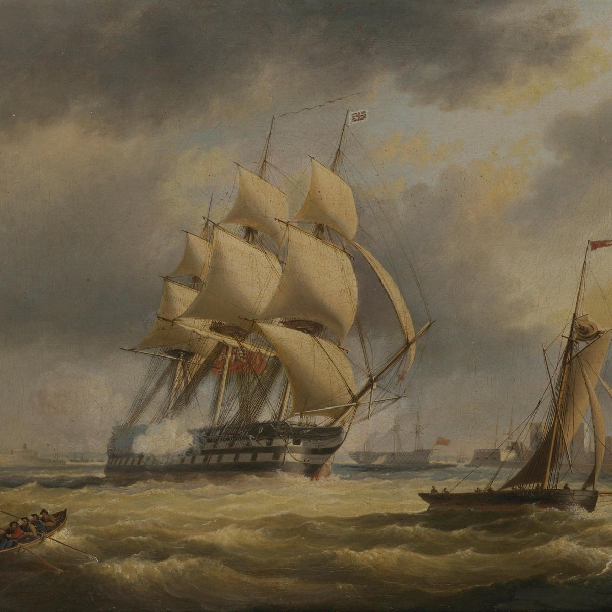 Nautical Oil Paintings - Tall Ship and Cutter in Stormy Sea - Oil Painting Haven