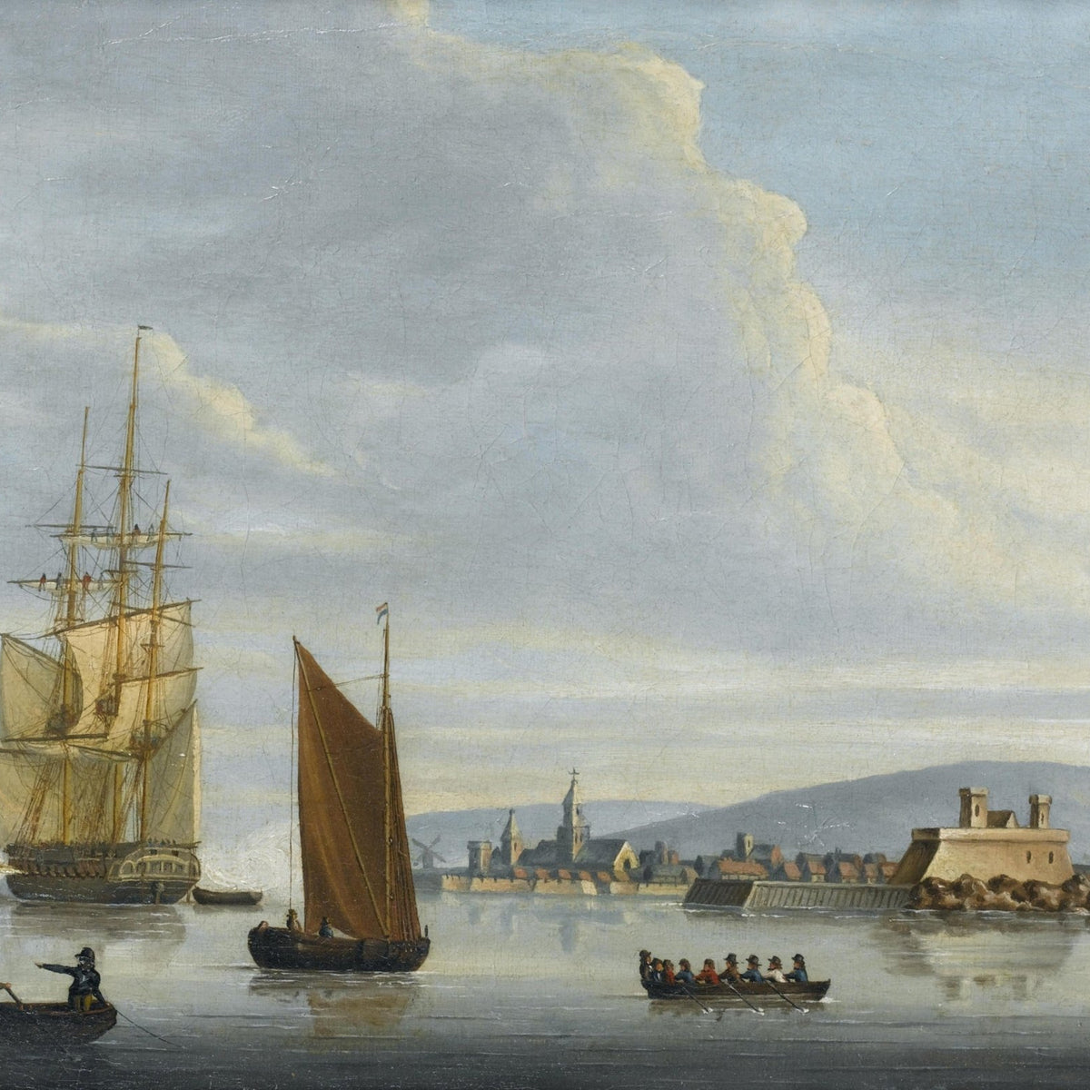 Hand-painted tall ship and harbor boats at dawn nautical oil painting on canvas