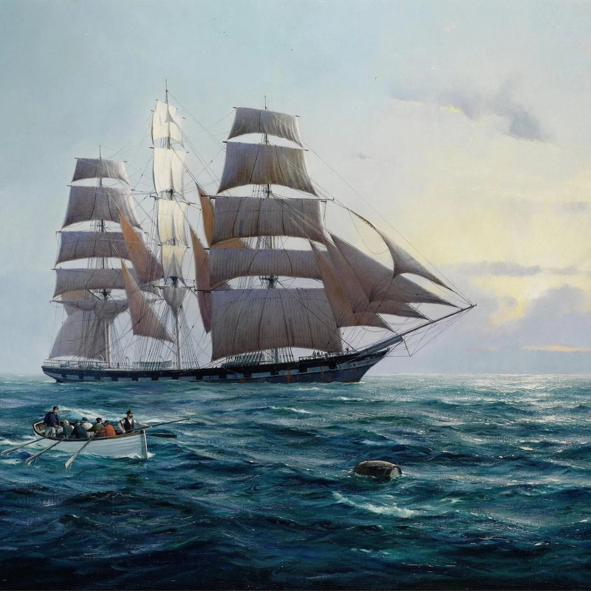 Nautical Oil Paintings - Tall Ship and Rowboat at Sea - Oil Painting Haven