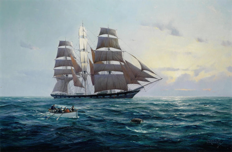 Nautical Oil Paintings - Tall Ship and Rowboat at Sea - Oil Painting Haven