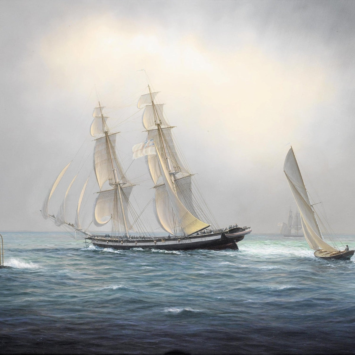 Hand-painted tall ship and sailboat at sea nautical oil painting on canvas