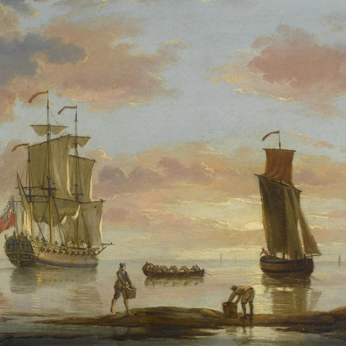 Hand-painted tall ship and sailboat in sunset harbor nautical oil painting on canvas