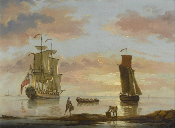Hand-painted tall ship and sailboat in sunset harbor nautical oil painting on canvas