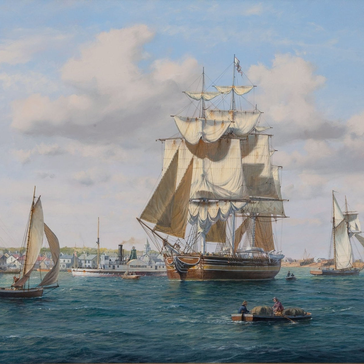 Nautical Oil Paintings - Tall Ship and Sailboats in Harbor - Oil Painting Haven