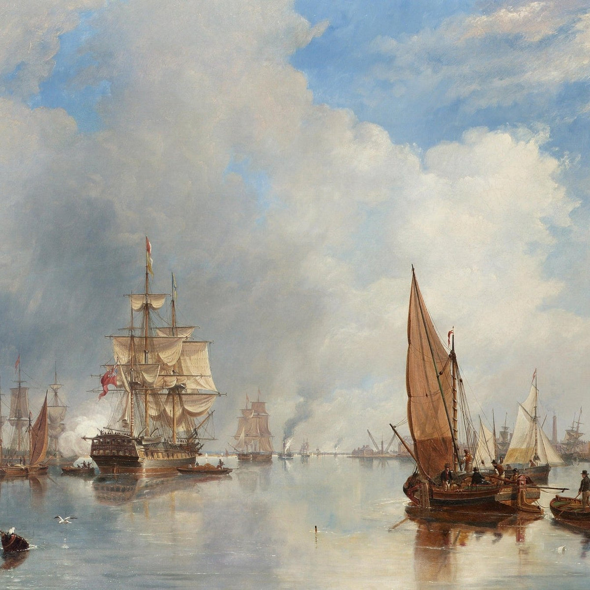 Nautical Oil Paintings - Tall Ship and Sailboats on a Calm Harbor - Oil Painting Haven