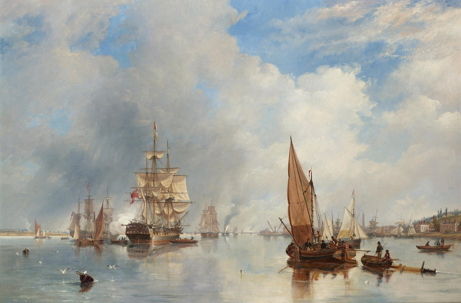 Hand-painted tall ship and sailboats on a calm harbor nautical oil painting on canvas