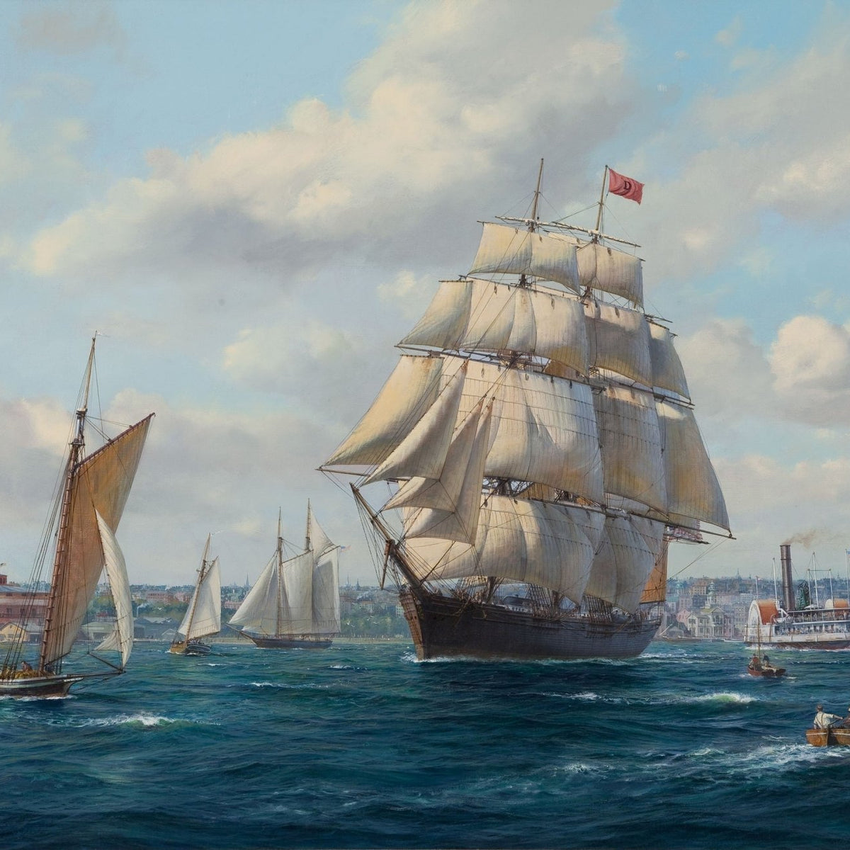 Nautical Oil Paintings - Tall Ship and Sailboats on Sunlit Harbor - Oil Painting Haven
