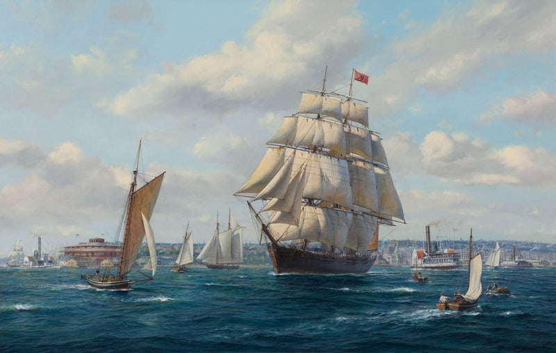 Nautical Oil Paintings - Tall Ship and Sailboats on Sunlit Harbor - Oil Painting Haven
