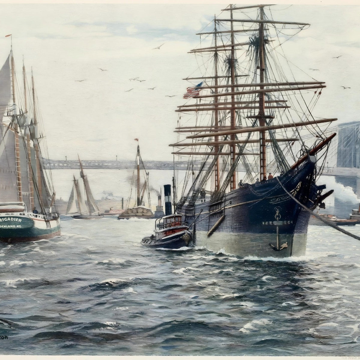 Hand-painted tall ship and schooner in New York nautical oil painting on canvas