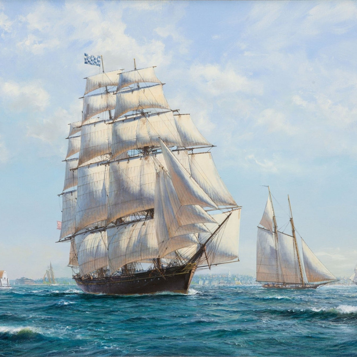 Hand-painted tall ship and schooner on blue harbor nautical oil painting on canvas