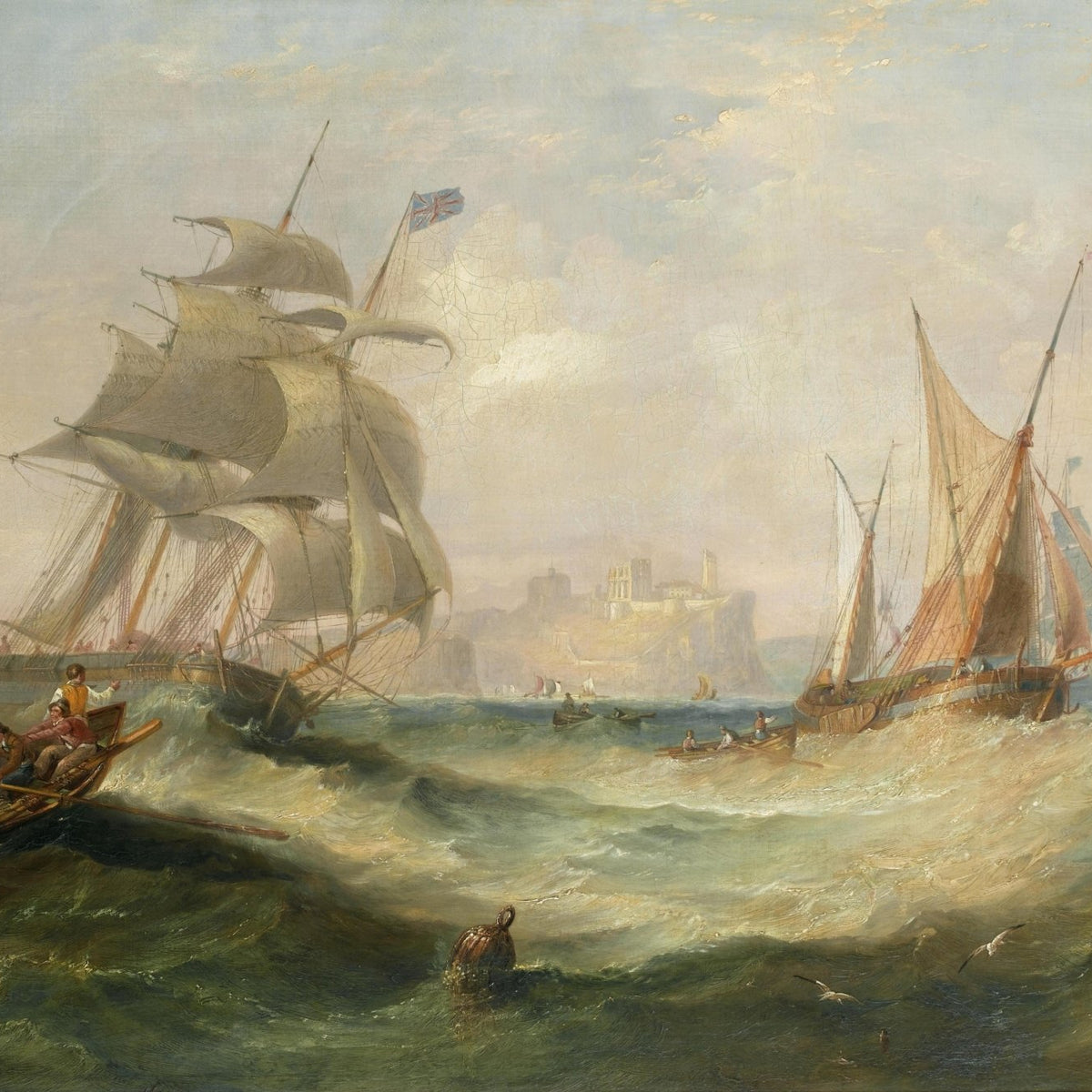 Hand-painted tall ship and small boats on rough sea nautical oil painting on canvas