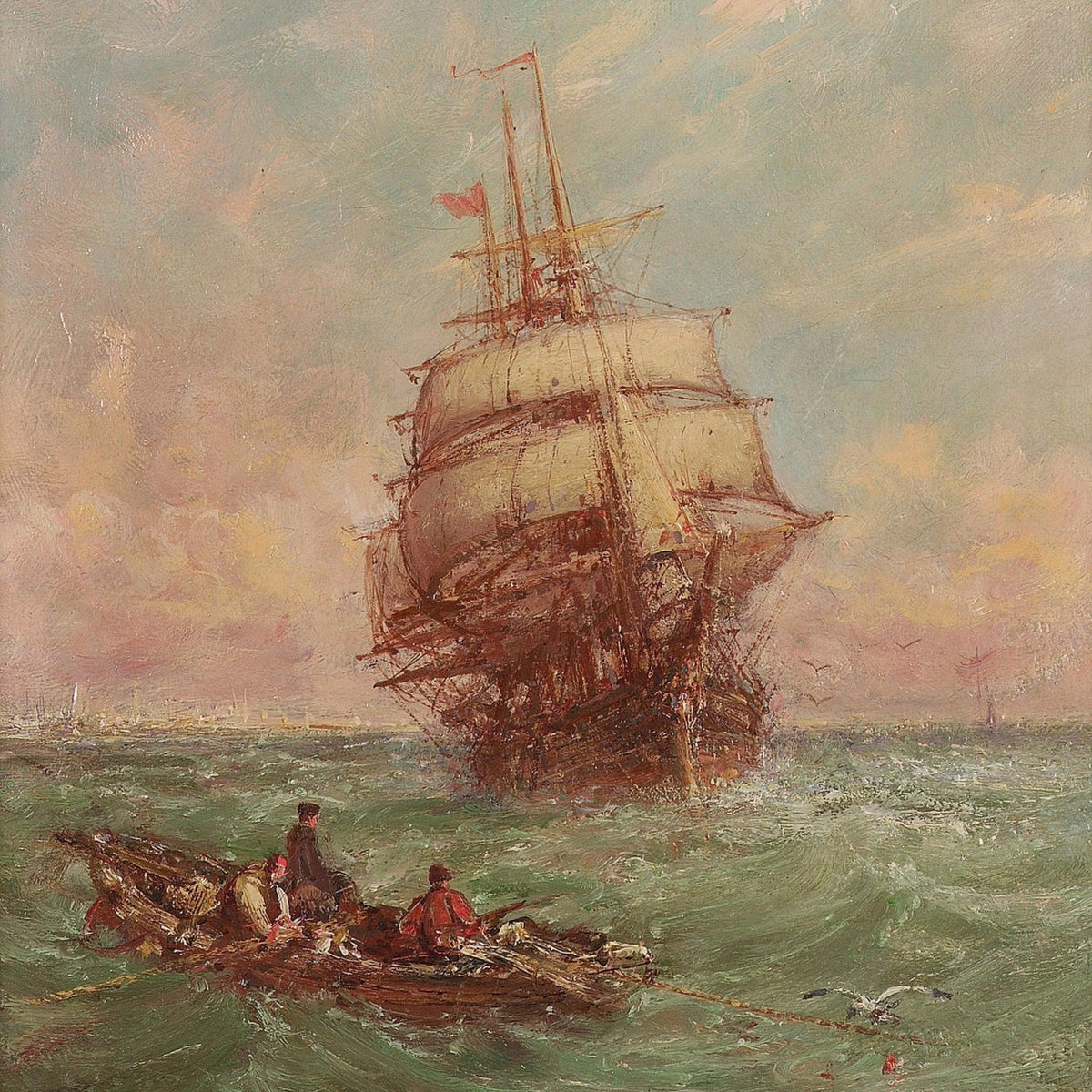 Hand-painted tall ship and tow boat on green sea nautical oil painting on canvas