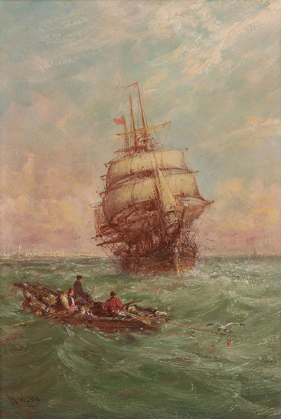 Hand-painted tall ship and tow boat on green sea nautical oil painting on canvas