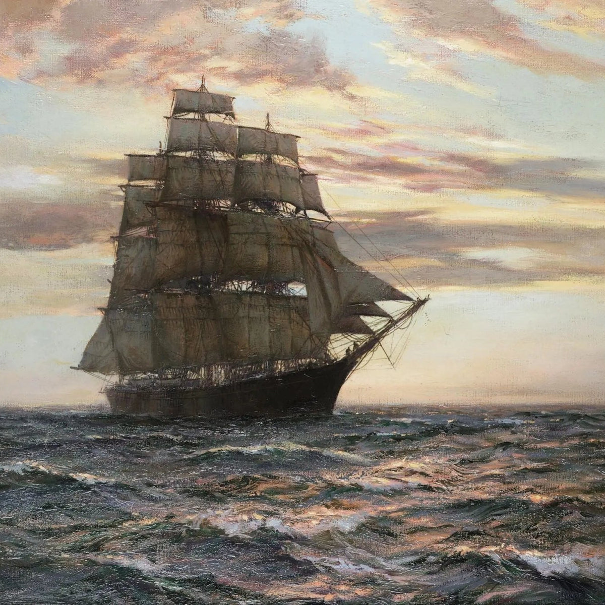 Nautical Oil Paintings - Tall Ship at Sunset Sea - Oil Painting Haven
